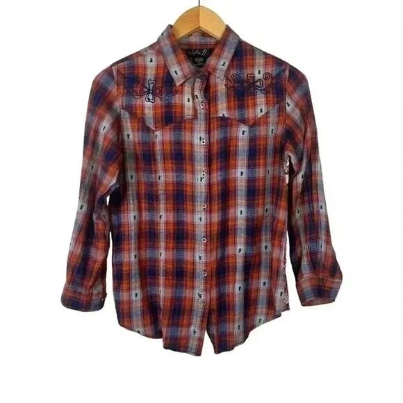 Anthropologie Lola P. Embriodered Plaid Flannel Button Down Size Small EUC - Picture 1 of 11